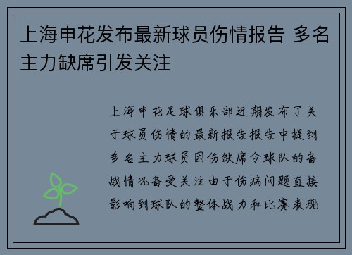 上海申花发布最新球员伤情报告 多名主力缺席引发关注
